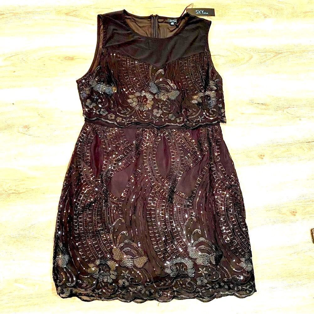 NWT SKY PLUS JET BLACK SEQUIN PEPLUM DRESS 2X